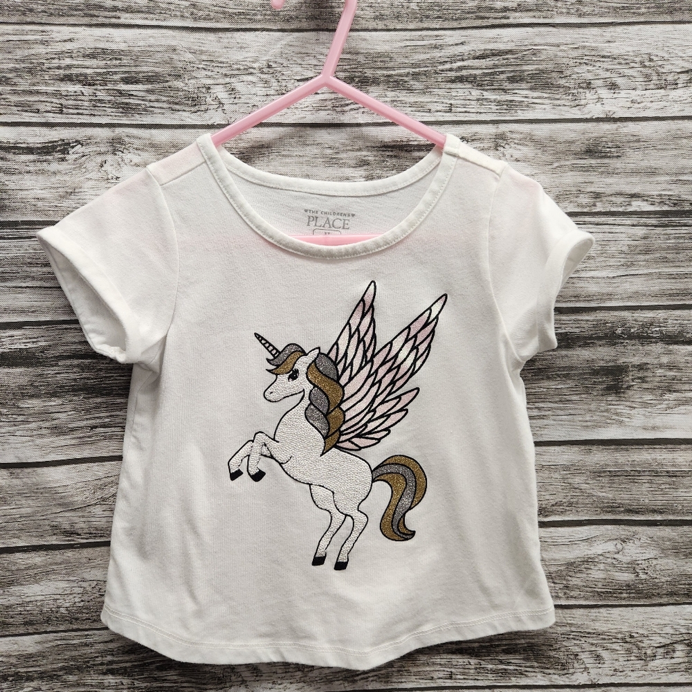 Childrens place white short sleeve with embroidered sequin unicorn